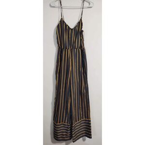 Purple Snow Women's Navy Blue Yellow Striped Wide Leg V-Neck Jumpsuit Size M